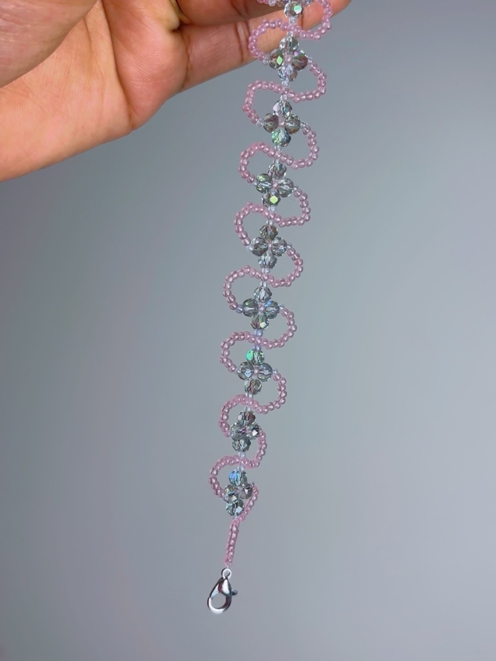 Pink Beaded Flower Crystal Bracelet